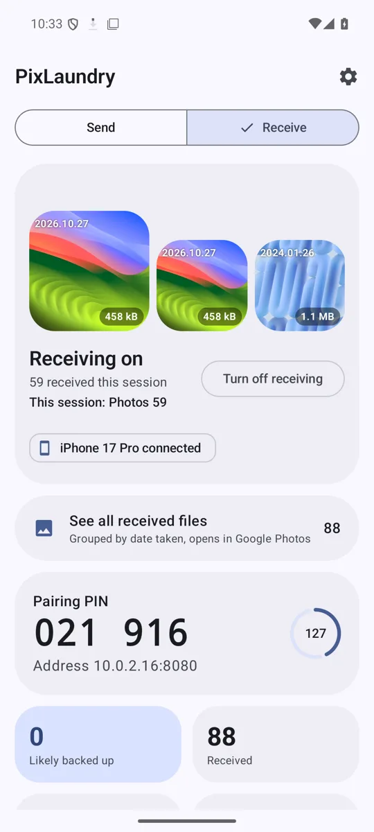 Android: Receiving on, waiting for a sending device, pairing PIN 438 936, free space and Google Photos shortcuts