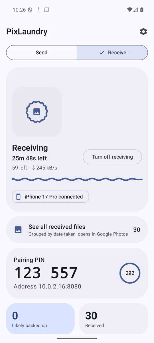 Android receiver app showing photos arriving, time left and the pairing PIN