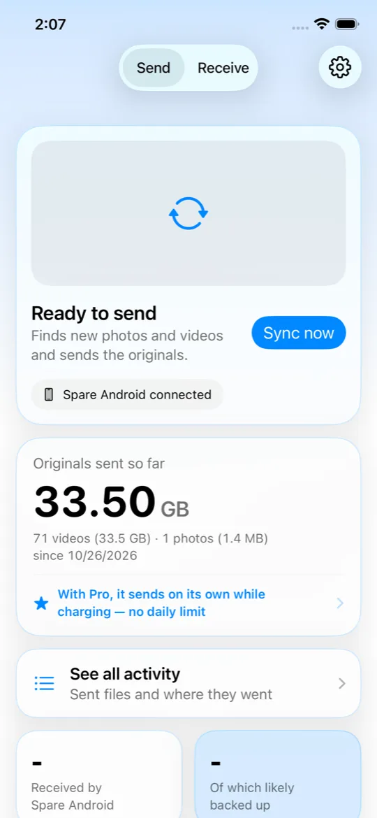 iPhone home: Ready to send, Spare Android connected, originals sent so far 33.50 GB