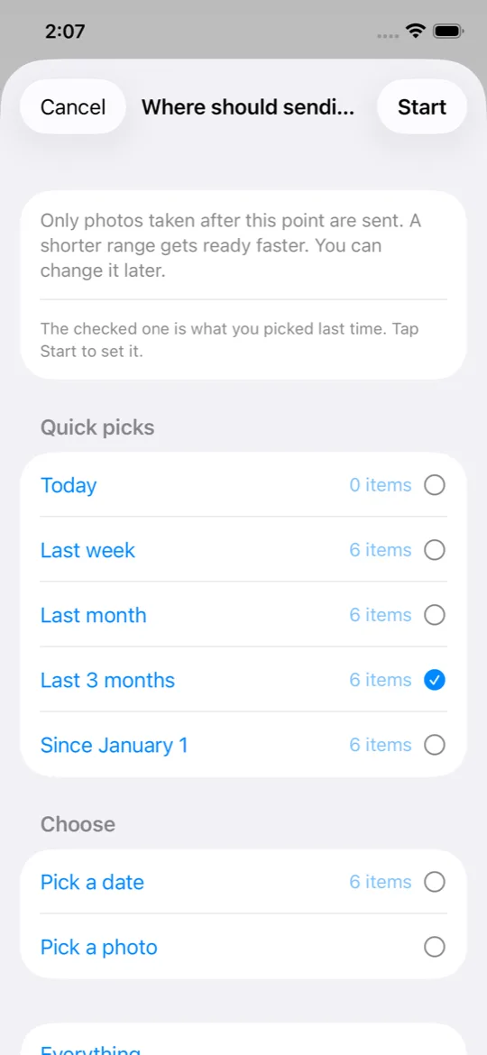 iPhone: Where should sending start — today, last week, last month, last 3 months, since January 1, pick a date, pick a photo, everything